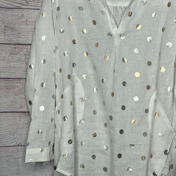 For Cynthia Beach 100% Linen White & Gold Dot Semi Sheer Pullover Size Medium - Picture 3 of 12